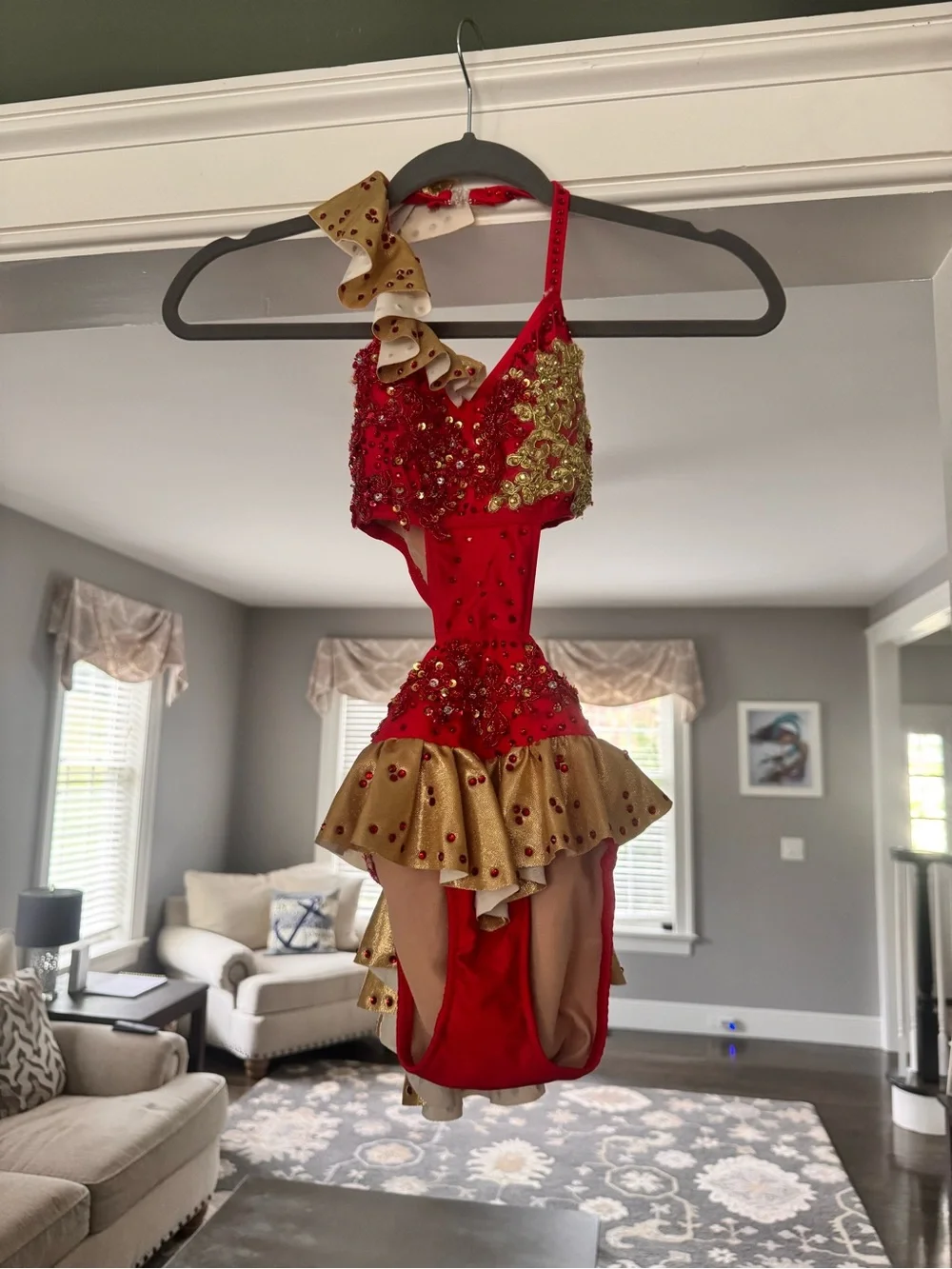 Bedazzled Red and Gold Sequin Dance Costume with Ruffled Skirt